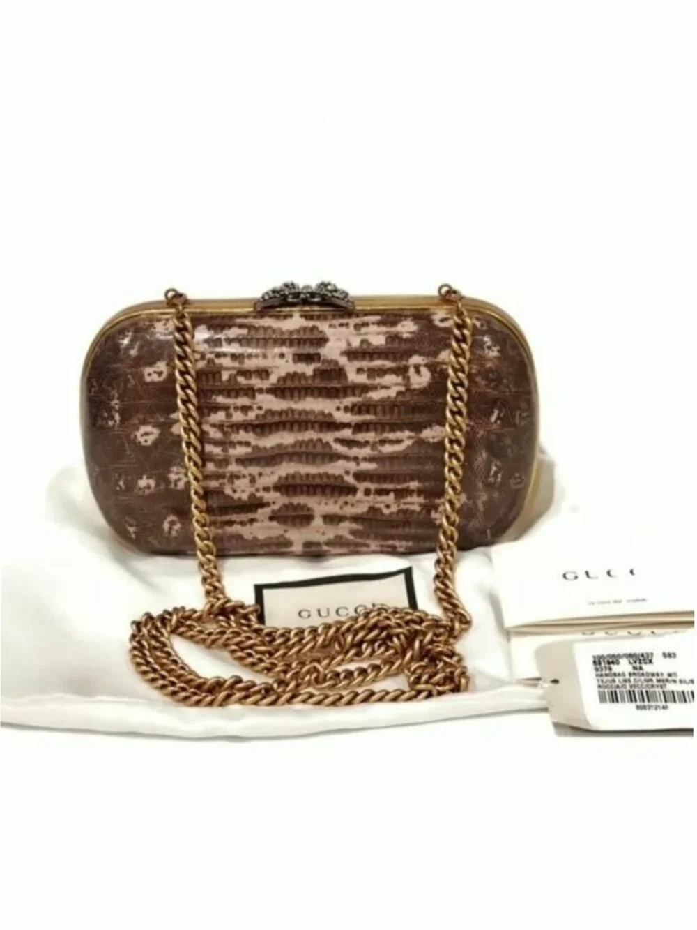 Authentic Gucci Broadway Snakeskin Clutch Crossbody Bag Bronze Gold Chain New - Picture 3 of 10